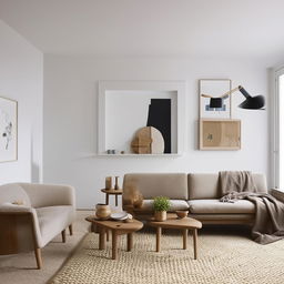 A meticulous and cosy Scandinavian style living room, with minimalist furniture, white walls, soft lighting, wood accents and a plush rug.