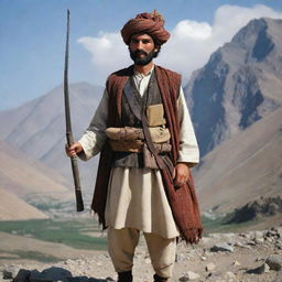 A stalwart Pashtoon warrior in traditional garb, standing against a backdrop of rugged mountain landscape with a traditional Afghan weapon in hand.