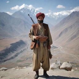 A stalwart Pashtoon warrior in traditional garb, standing against a backdrop of rugged mountain landscape with a traditional Afghan weapon in hand.