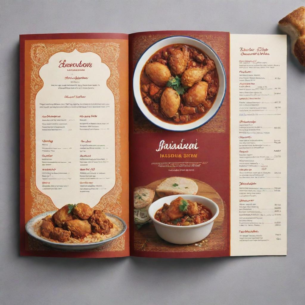 A double-sided menu, with the front dedicated to fried chicken dishes, depicted by eye-catching visuals, and the back presenting traditional Iranian stew recipes, nestled within authentic Iranian design aesthetics.