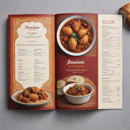 A double-sided menu, with the front dedicated to fried chicken dishes, depicted by eye-catching visuals, and the back presenting traditional Iranian stew recipes, nestled within authentic Iranian design aesthetics.