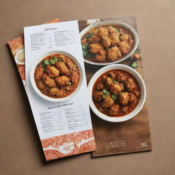 A double-sided menu, with the front dedicated to fried chicken dishes, depicted by eye-catching visuals, and the back presenting traditional Iranian stew recipes, nestled within authentic Iranian design aesthetics.