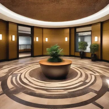The design of the lobby featured a stunning radial pattern on the floor, radiating outwards from the center.