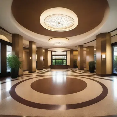The design of the lobby featured a stunning radial pattern on the floor, radiating outwards from the center.