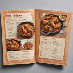 A double-sided menu, with the front dedicated to fried chicken dishes, depicted by eye-catching visuals, and the back presenting traditional Iranian stew recipes, nestled within authentic Iranian design aesthetics.