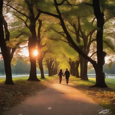 As the sun set, they walked hand in hand along the radial path in the park, enjoying each other's company.