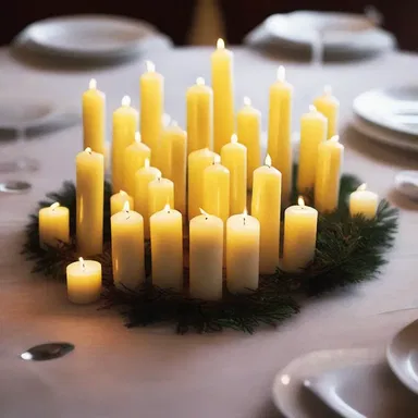 The radial arrangement of candles on the dinner table created a romantic ambiance.