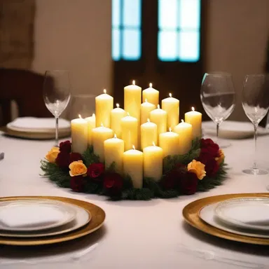 The radial arrangement of candles on the dinner table created a romantic ambiance.