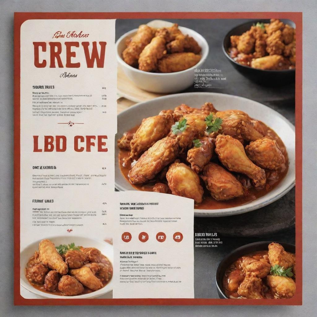 A double-sided menu with the front showcasing tempting fried chicken in various styles with high-quality images, and the back featuring a range of hearty stews, all set within a tasteful design.