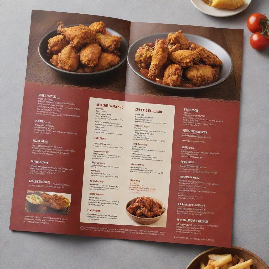 A double-sided menu with the front showcasing tempting fried chicken in various styles with high-quality images, and the back featuring a range of hearty stews, all set within a tasteful design.