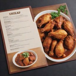 A double-sided menu with the front showcasing tempting fried chicken in various styles with high-quality images, and the back featuring a range of hearty stews, all set within a tasteful design.