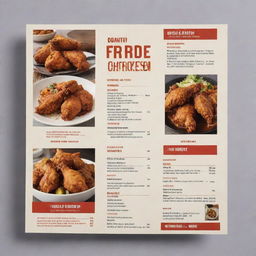 A double-sided menu with the front showcasing tempting fried chicken in various styles with high-quality images, and the back featuring a range of hearty stews, all set within a tasteful design.