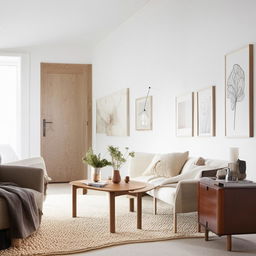 A meticulous and cosy Scandinavian style living room, with minimalist furniture, white walls, soft lighting, wood accents and a plush rug.