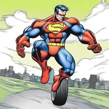 The superhero in the comic book leaped into action, his powerful legs propelling him forward on his radial tires.
