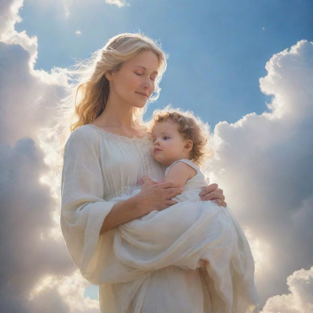 Serene image of a motherly figure, illuminated in soft, heavenly light, against a peaceful sky filled with fluffy, radiant clouds and angelic entities.