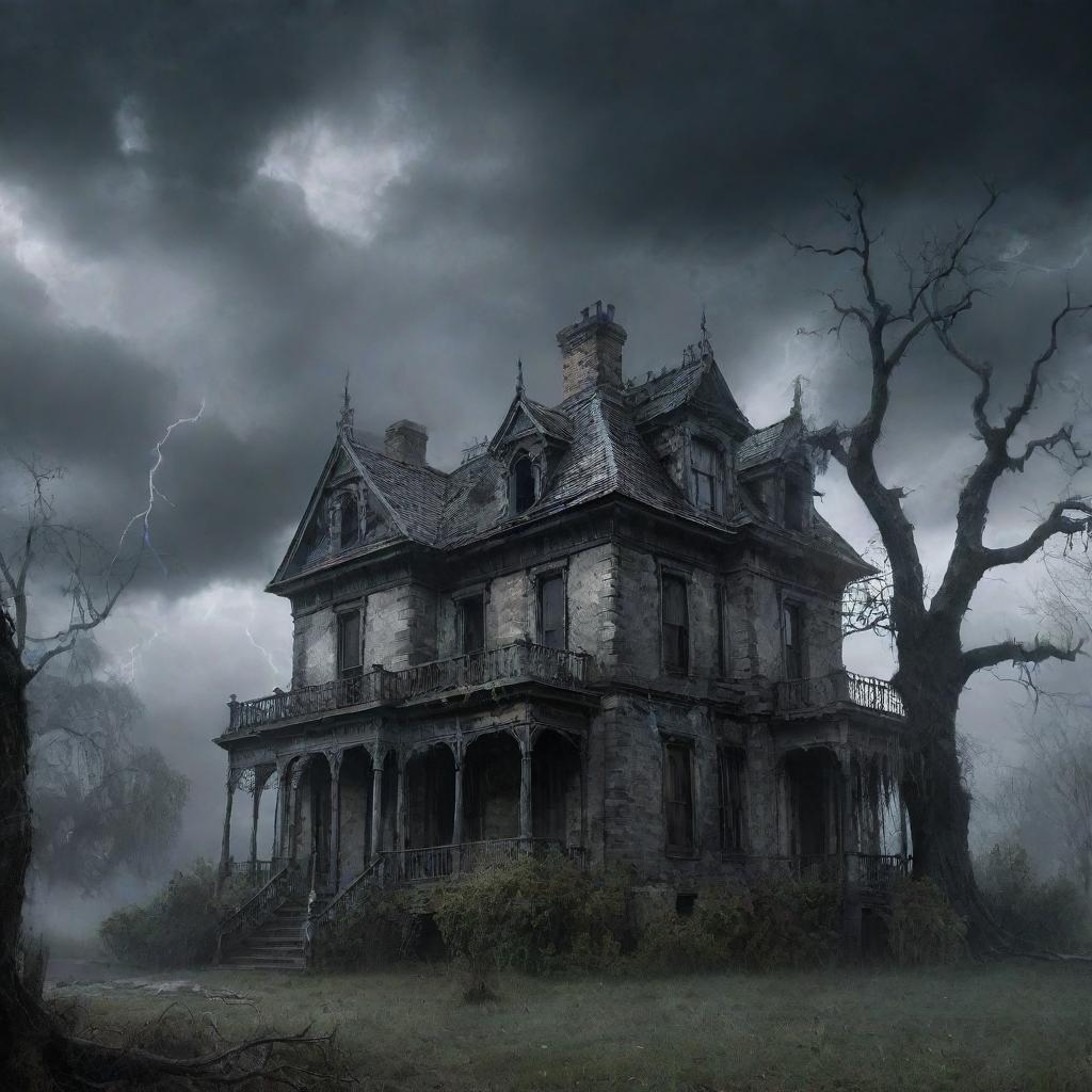 A Gothic, eerie and fearsome scene showing a haunted mansion under a stormy sky, lightning casting distorted shadows, decrepit trees nearby, and spectral figures lingering in the mist.