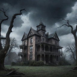 A Gothic, eerie and fearsome scene showing a haunted mansion under a stormy sky, lightning casting distorted shadows, decrepit trees nearby, and spectral figures lingering in the mist.