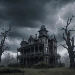 A Gothic, eerie and fearsome scene showing a haunted mansion under a stormy sky, lightning casting distorted shadows, decrepit trees nearby, and spectral figures lingering in the mist.