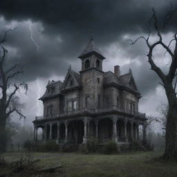 A Gothic, eerie and fearsome scene showing a haunted mansion under a stormy sky, lightning casting distorted shadows, decrepit trees nearby, and spectral figures lingering in the mist.