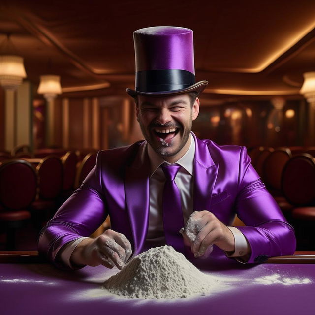 Man in a custom silk purple suit with a top hat grinning manically in an empty casino, with a pile of arrowroot flour dusting his upper lip on the table.