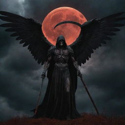 An intimidating portrayal of the Angel of Death standing tall, shrouded in shadow, with great, foreboding wings unfurled, holding a gleaming scythe, against a backdrop of ominous clouds under a blood red moon.