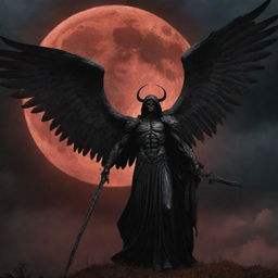 An intimidating portrayal of the Angel of Death standing tall, shrouded in shadow, with great, foreboding wings unfurled, holding a gleaming scythe, against a backdrop of ominous clouds under a blood red moon.