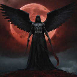 An intimidating portrayal of the Angel of Death standing tall, shrouded in shadow, with great, foreboding wings unfurled, holding a gleaming scythe, against a backdrop of ominous clouds under a blood red moon.