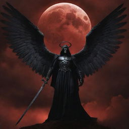 An intimidating portrayal of the Angel of Death standing tall, shrouded in shadow, with great, foreboding wings unfurled, holding a gleaming scythe, against a backdrop of ominous clouds under a blood red moon.