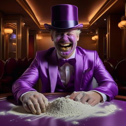 Man in a custom silk purple suit with a top hat grinning manically in an empty casino, with a pile of arrowroot flour dusting his upper lip on the table.