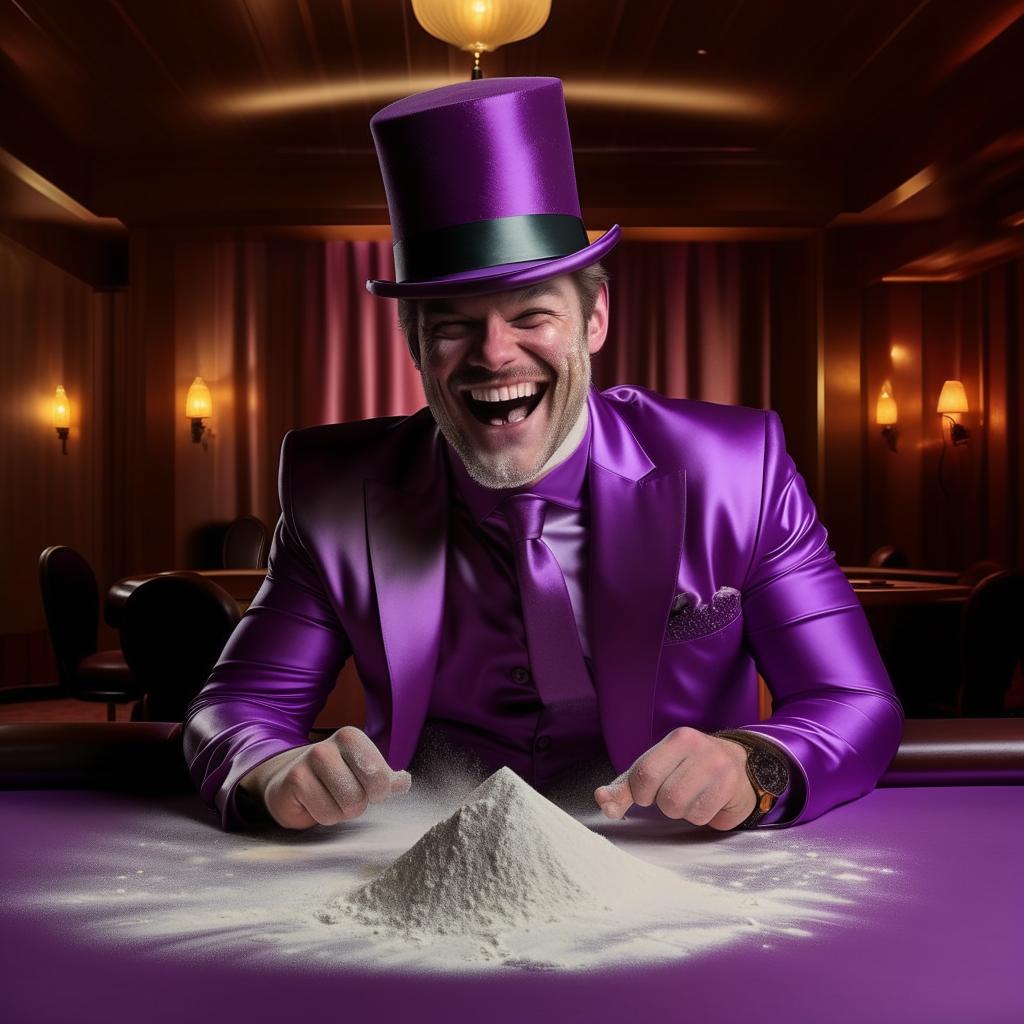 Man in a custom silk purple suit with a top hat grinning manically in an empty casino, with a pile of arrowroot flour dusting his upper lip on the table.