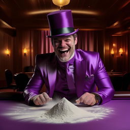 Man in a custom silk purple suit with a top hat grinning manically in an empty casino, with a pile of arrowroot flour dusting his upper lip on the table.