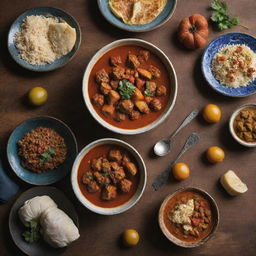 A dedicated Iranian stew menu, featuring vivid images of various traditional stews, rich in color and taste, served in stylish ceramic bowls, embraced by classic Iranian design elements