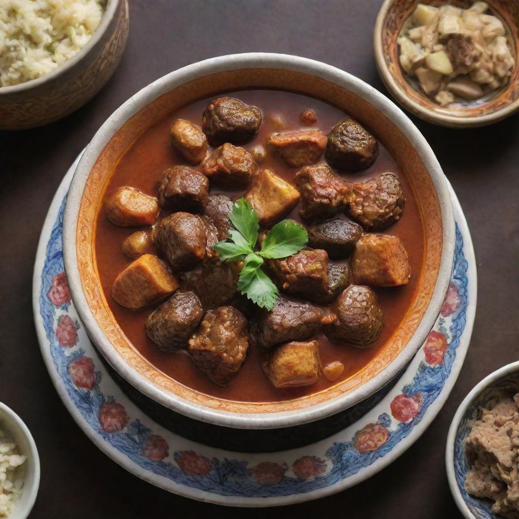 A dedicated Iranian stew menu, featuring vivid images of various traditional stews, rich in color and taste, served in stylish ceramic bowls, embraced by classic Iranian design elements