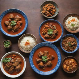 A dedicated Iranian stew menu, featuring vivid images of various traditional stews, rich in color and taste, served in stylish ceramic bowls, embraced by classic Iranian design elements