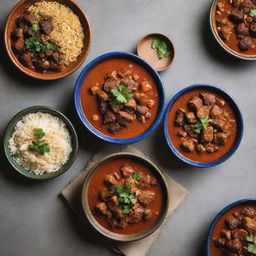 A dedicated Iranian stew menu, featuring vivid images of various traditional stews, rich in color and taste, served in stylish ceramic bowls, embraced by classic Iranian design elements