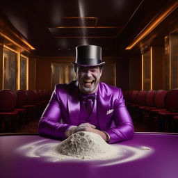 Man in a custom silk purple suit with a top hat grinning manically in an empty casino, with a pile of arrowroot flour dusting his upper lip on the table.