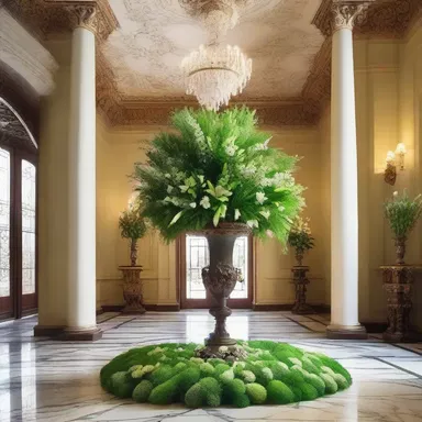 The grand entrance hall of the luxurious mansion was adorned with a stunning arrangement of green gentian flowers, creating a sense of elegance and tranquility.