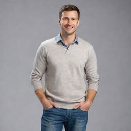 A detailed representation of a man in casual attire, standing confidently with a friendly smile.