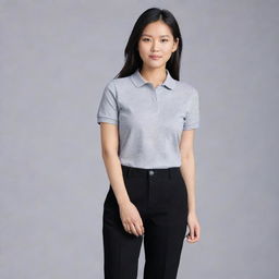 An Asian female wearing a plain grey polo shirt neatly tucked into black pants, paired with black doll shoes.