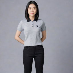 An Asian female wearing a plain grey polo shirt neatly tucked into black pants, paired with black doll shoes.