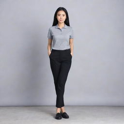 An Asian female wearing a plain grey polo shirt neatly tucked into black pants, paired with black doll shoes.