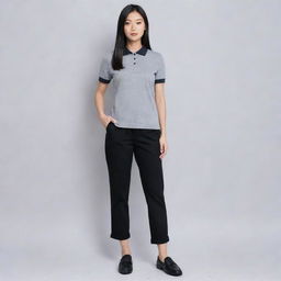 An Asian female wearing a plain grey polo shirt neatly tucked into black pants, paired with black doll shoes.