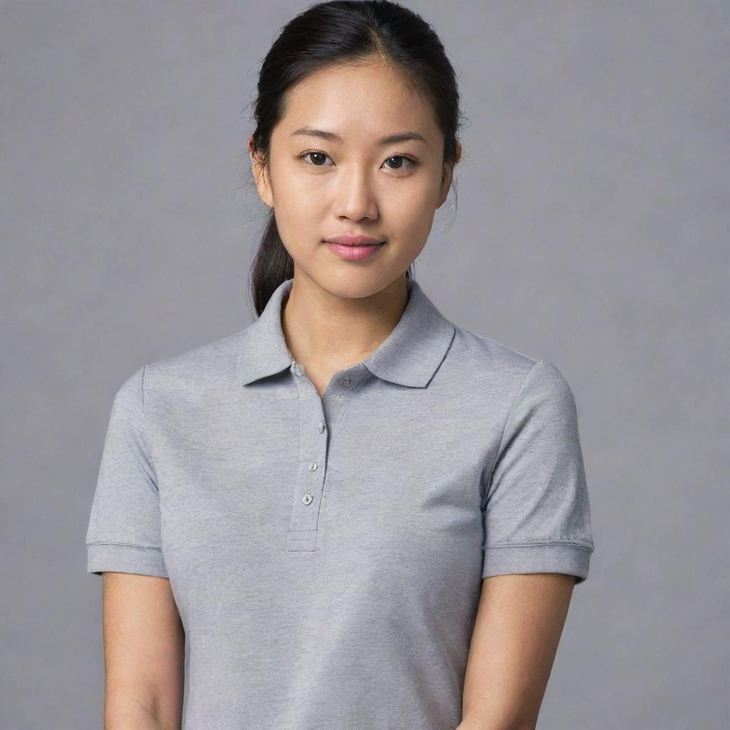 An Asian female with a ponytail, wearing a plain grey polo shirt.