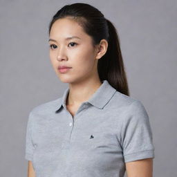 An Asian female with a ponytail, wearing a plain grey polo shirt.