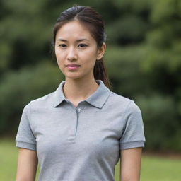 An Asian female with a ponytail, wearing a plain grey polo shirt.