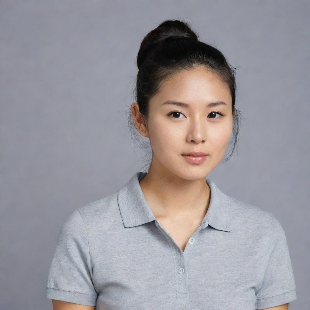 An Asian female with a ponytail, wearing a plain grey polo shirt.