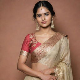 A modern Indian woman, aged 25, showcasing contemporary fashion with traditional Indian elements