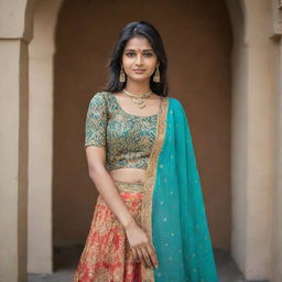 A modern Indian woman, aged 25, showcasing contemporary fashion with traditional Indian elements