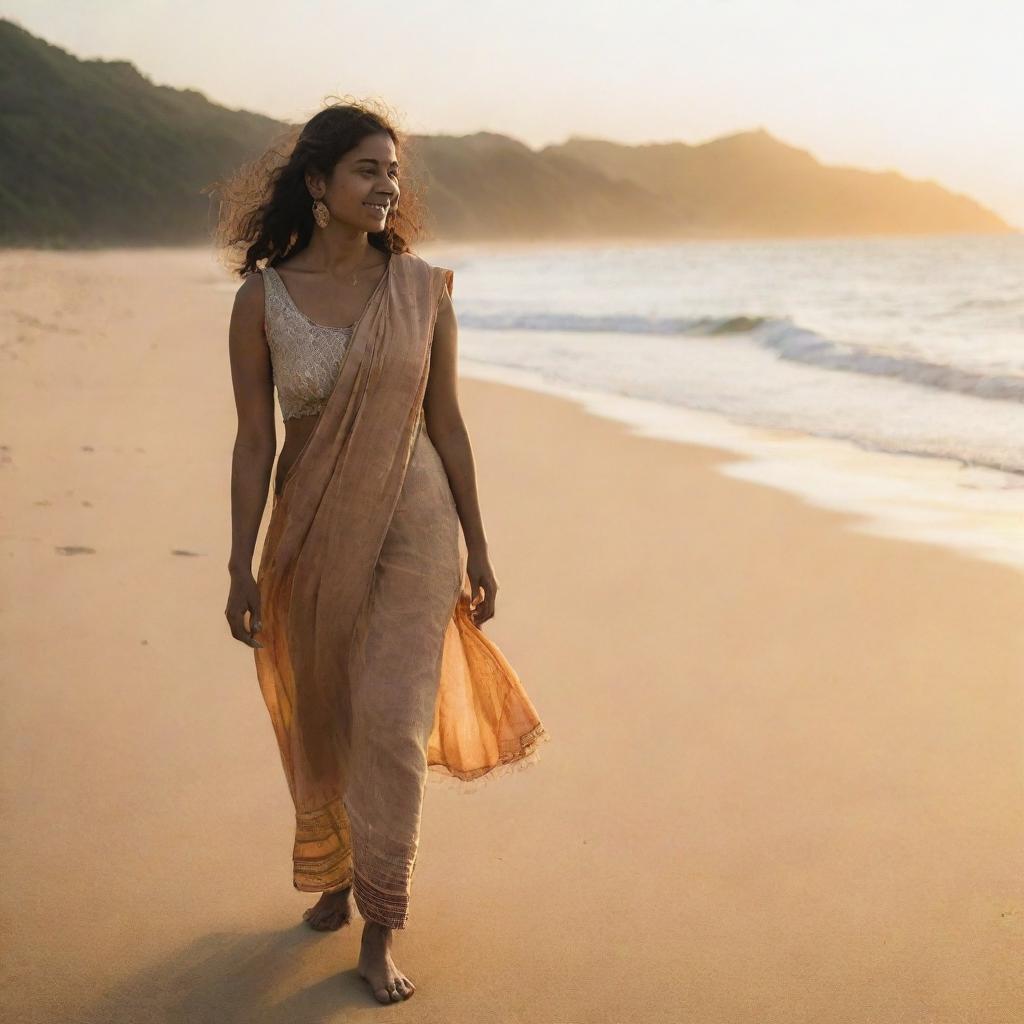 Modern Indian woman strolling on a sandy beach in Brazil, with the setting sun casting a warm glow on her