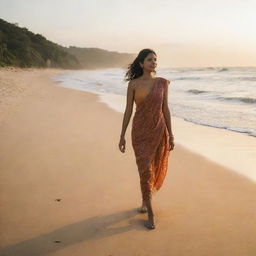 Modern Indian woman strolling on a sandy beach in Brazil, with the setting sun casting a warm glow on her